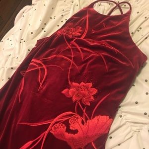 Floor length red velvet formal dress